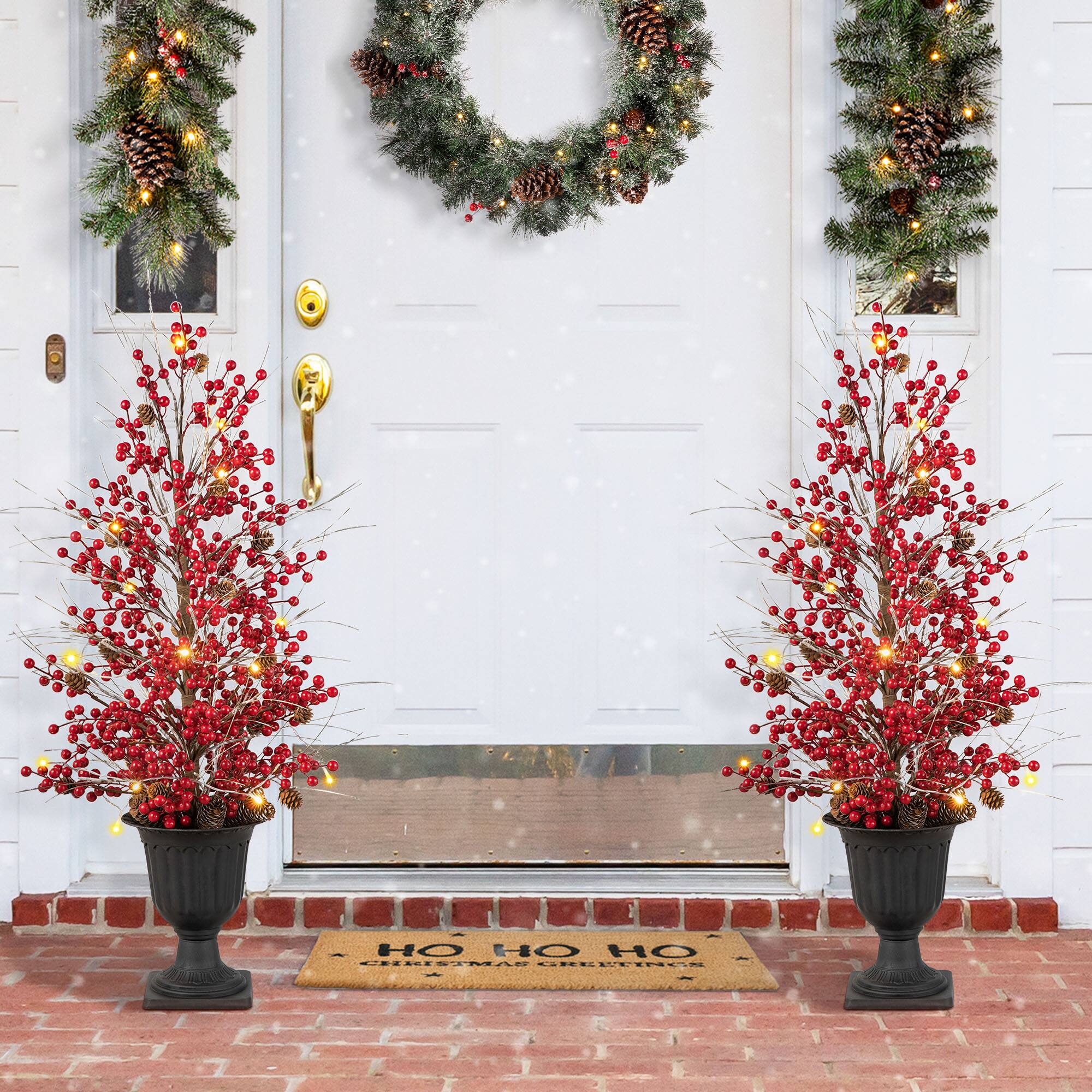 3ft. Pre-Lit Berry & Pinecone Artificial Urn Christmas Porch Tree, Warm White LED Lights